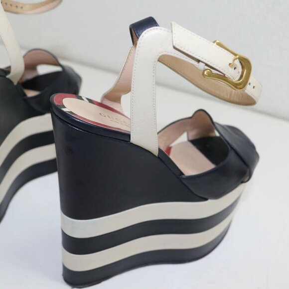 GUCCI BLU/MYSTIC WHITE ANKLE STRAP NAPPA CHARLOTTE WEDGES US 8.5 EU39 - Picture 6 of 15